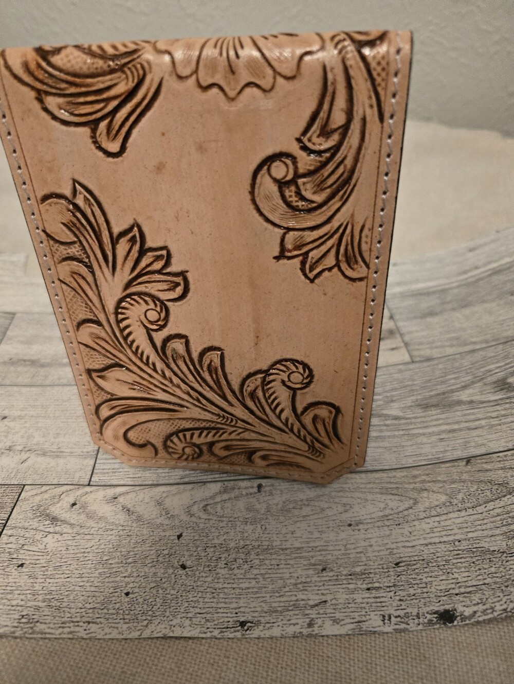 Hand-Tooled Floral Leather Phone Holder- Natural Tan